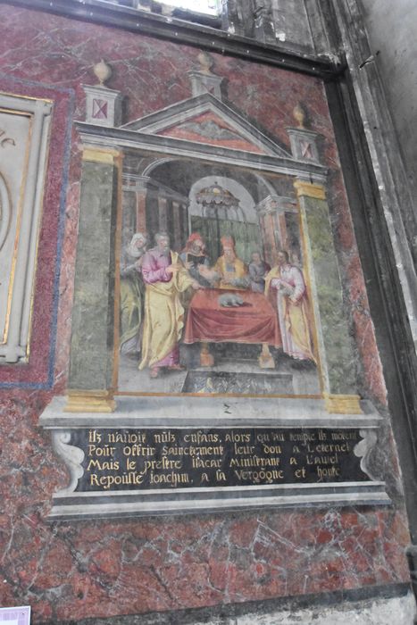 peintures murales : Sainte Anne et saint Joachim portant leurs offrandes au Temple, vue partielle