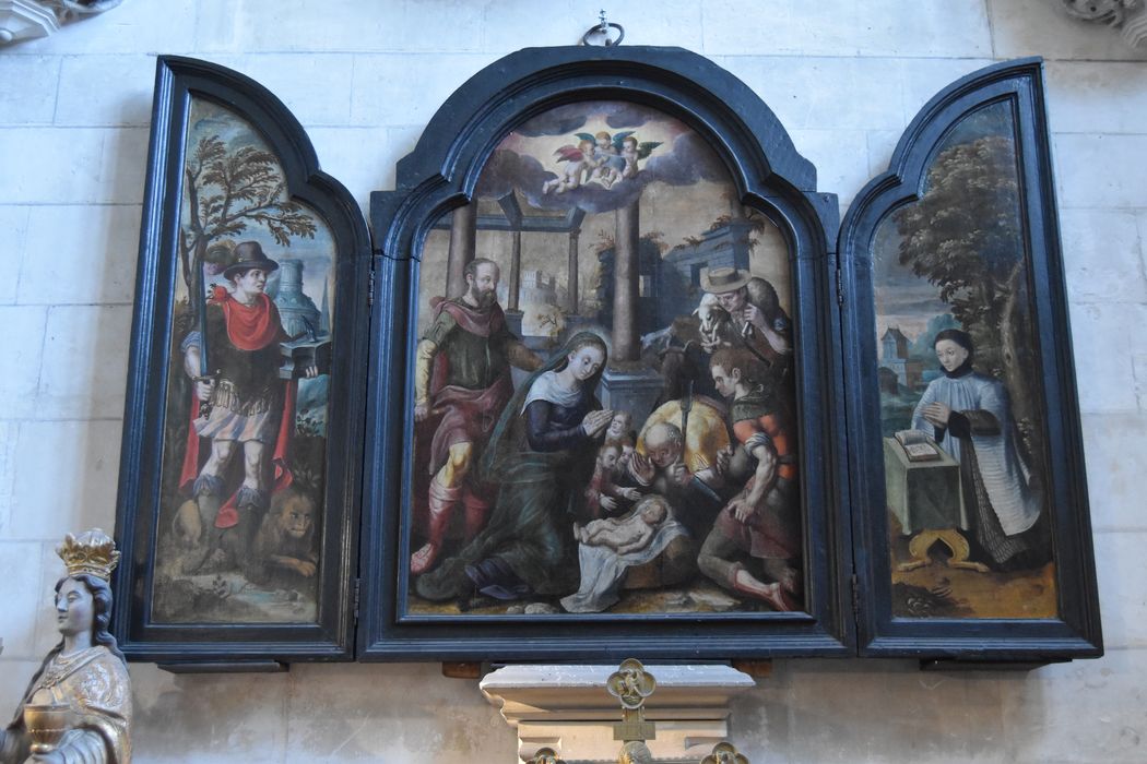 tableau (triptyque) : Adoration des bergers, saint Adrien, un chanoine donateur, saint Omer et saint Bertin au revers - © Ministère de la Culture (France), Médiathèque du patrimoine et de la photographie, diffusion GrandPalaisRmn Photo