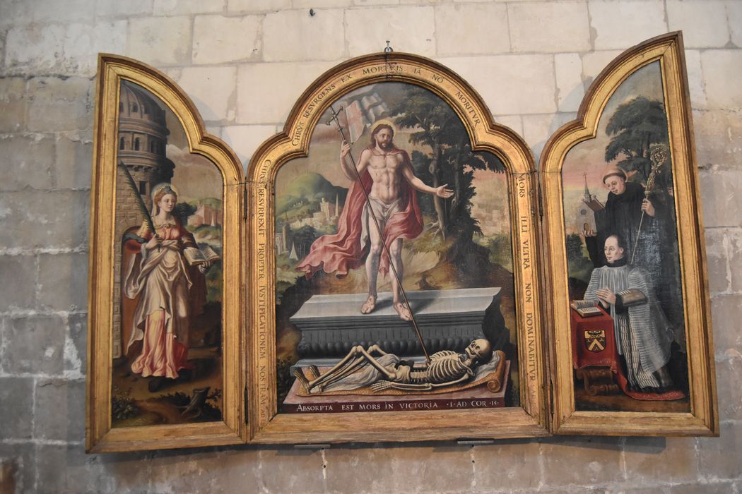 tableau (triptyque) : Résurrection du Christ, sainte Barbe, saint Robert et le chanoine Robert de saint Martin, donateur