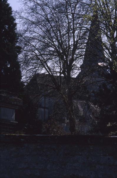 Ensemble et clocher partiellement caché par des arbres