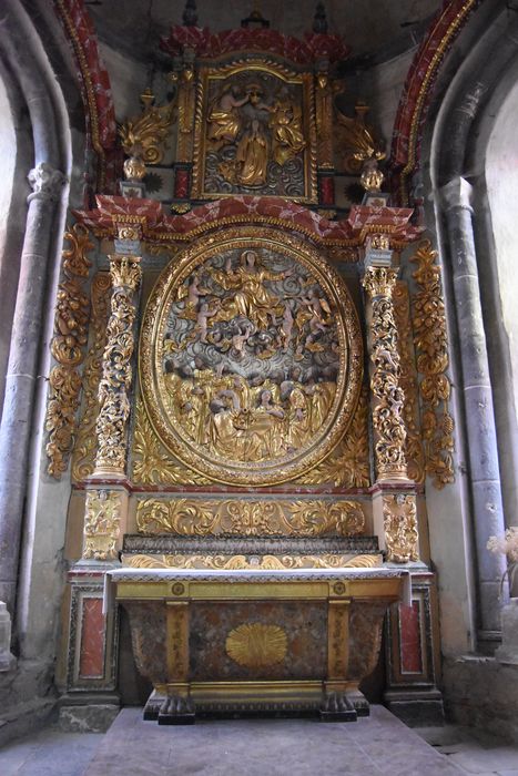 retable architecturé de la chapelle de la Vierge, demi-reliefs : l'Assomption, le Couronnement de la Vierge