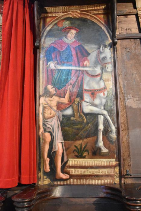 stalles, détail d’un tableau : Saint Martin partageant son manteau