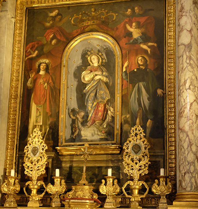 retable de la chapelle de la Vierge, tableau : Saint Rosalie et saint Roch, statue : l'Immaculée Conception dite l'Assomption