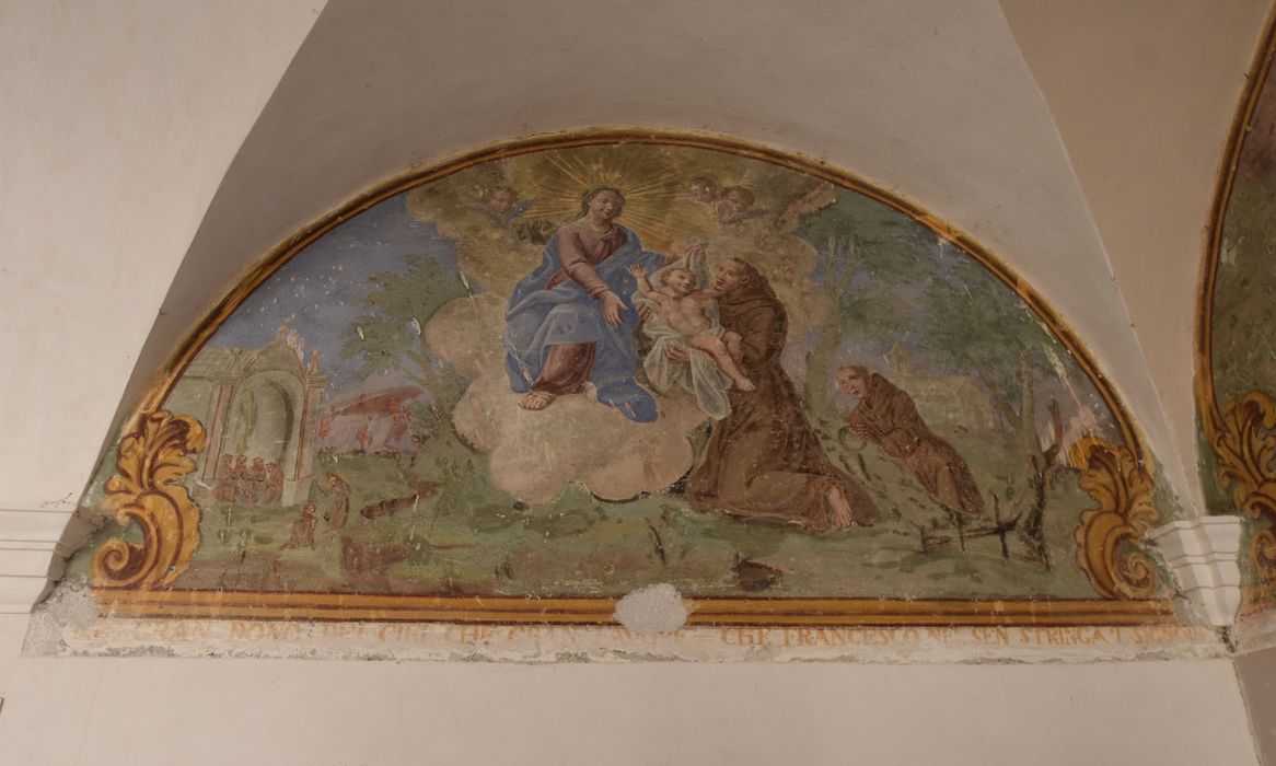 cloître, galerie ouest, peinture monumentale : François étreint le Seigneur