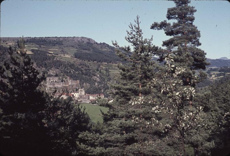 Vue éloignée sur le village, château et église dans le paysage montagneux