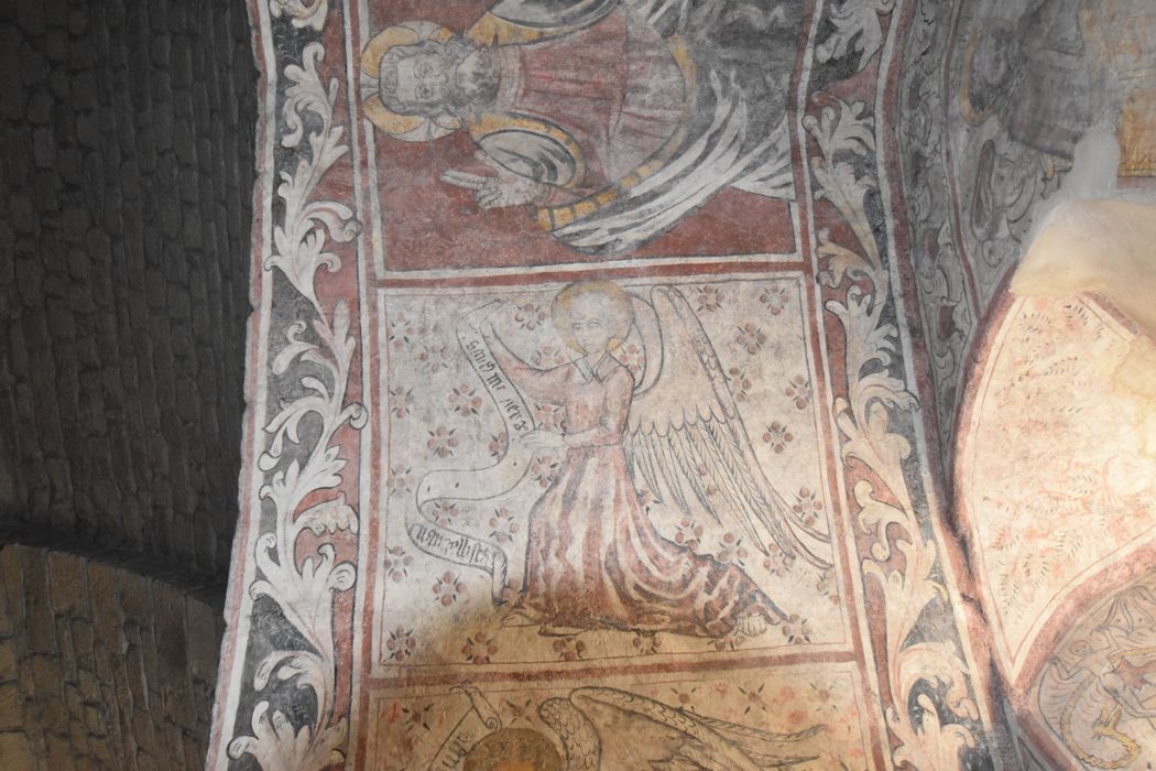 chapelle sud, peinture monumentale : Crucifixion, Père éternel et le tétramorphe, saint Onuphre, Jugement de saint Barthélémy, vue partielle