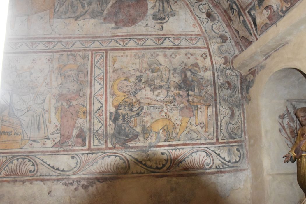 chapelle sud, peinture monumentale : Crucifixion, Père éternel et le tétramorphe, saint Onuphre, Jugement de saint Barthélémy, vue partielle