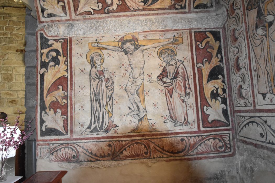 chapelle sud, peinture monumentale : Crucifixion, Père éternel et le tétramorphe, saint Onuphre, Jugement de saint Barthélémy, vue partielle