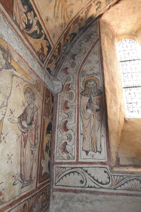 chapelle sud, peinture monumentale : Crucifixion, Père éternel et le tétramorphe, saint Onuphre, Jugement de saint Barthélémy, vue partielle