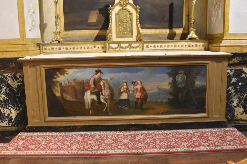 tableau servant d'antependium : Sainte Thérèse accompagnée de son père est ramenée à la maison paternelle