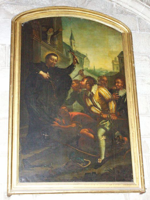 tableau : Saint jésuite brandissant une croix contre un hérétique 