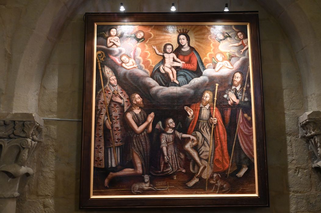 tableau : Saint Eutrope, saint Jean-Baptiste, saint Roch, saint Jacques aux pieds de la Vierge à l'Enfant