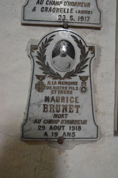 plaque commémorative de Maurice Brunet, soldat morts pour la France