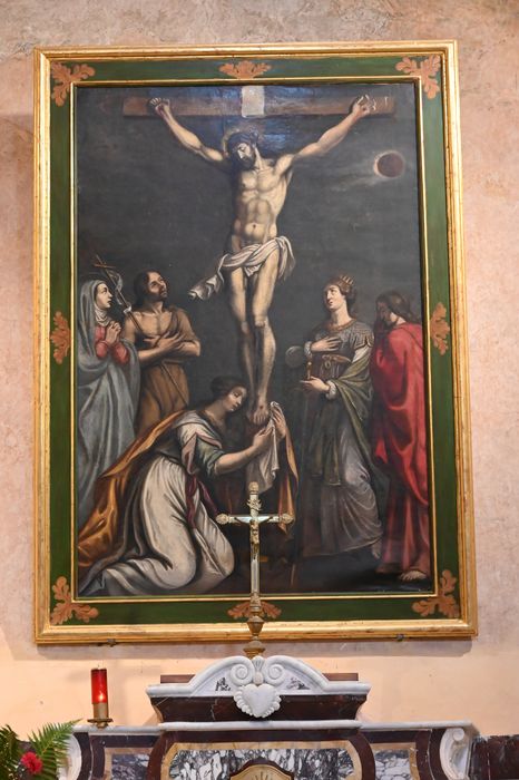 tableau : Le Christ en croix entre la sainte Vierge, saint Jean-Baptiste, sainte Madeleine, sainte Catherine et saint Jean