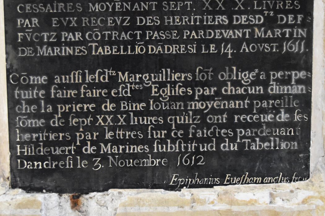 plaque de fondation de Jean Meligne et Antoinette Navetel, détail