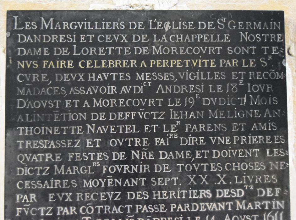 plaque de fondation de Jean Meligne et Antoinette Navetel, détail