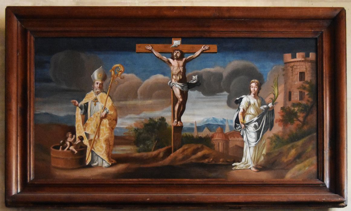tableau : Christ en croix entre saint Nicolas et sainte Barbe