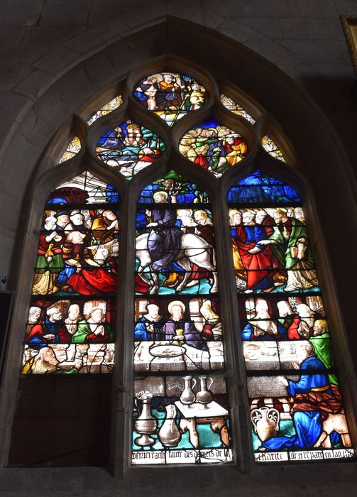 verrière figurée : Entrée de Jésus à Jérusalem, la Cène (baie 10)
