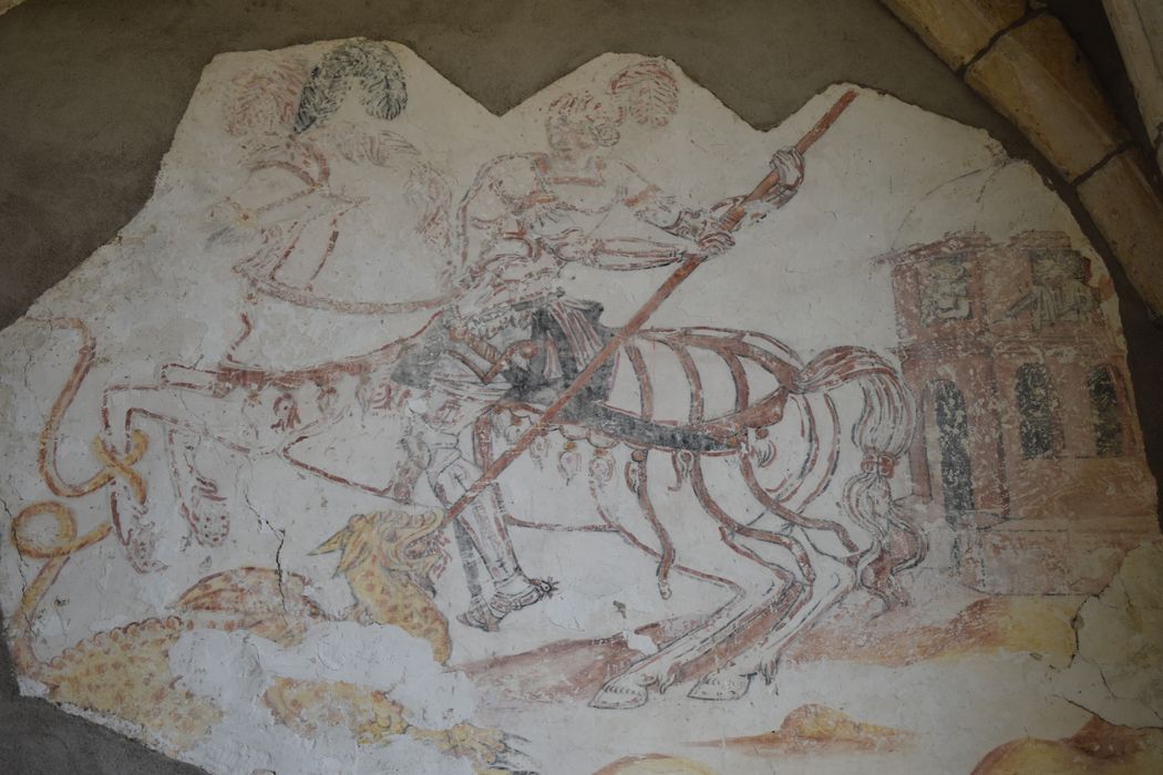 bas-côté sud, peinture monumentale (fragment) : Saint Georges terrassant le dragon