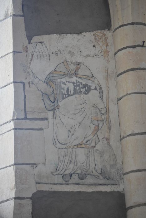 bas-côté sud, peinture monumentale (fragment) : Saint évêque accompagné d’un donateur