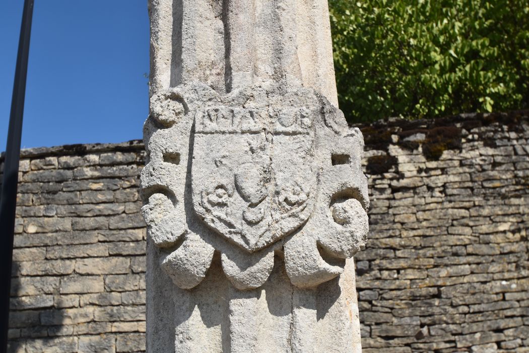 détail des armoiries sculptées sur le fût
