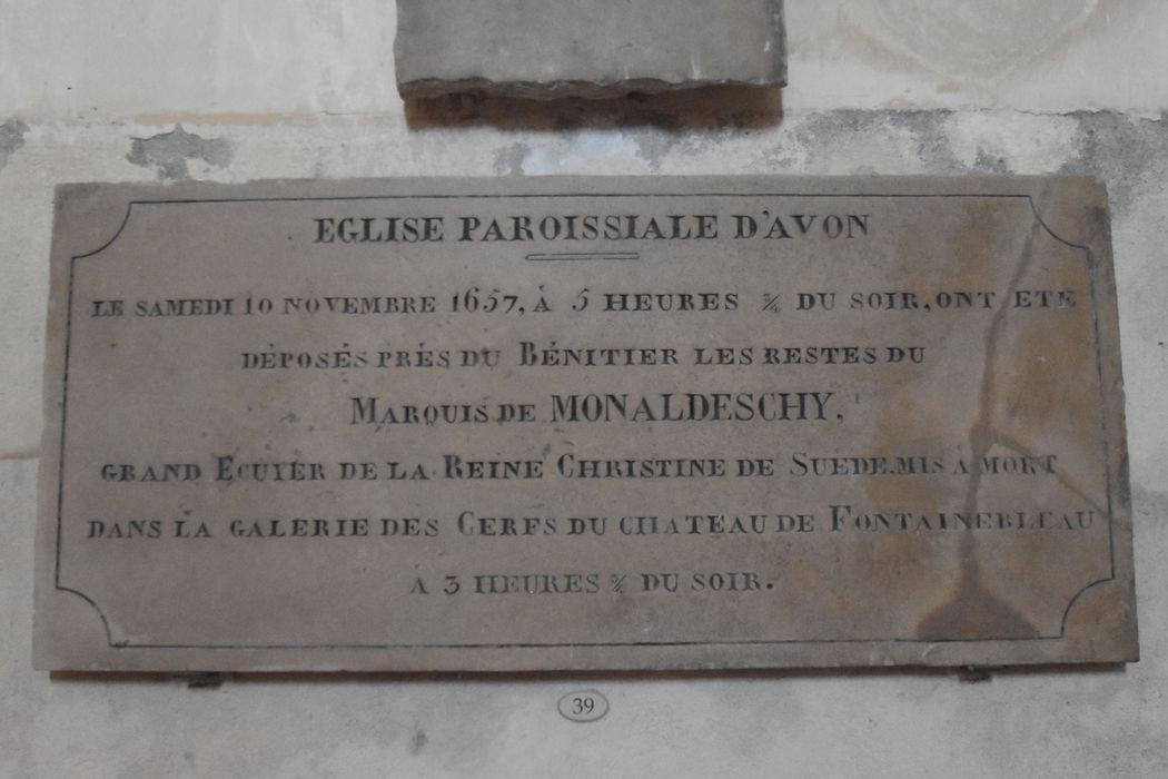 plaque commémorative de Jean de Monaldeschi, écuyer de Christine de Suède (n°39)