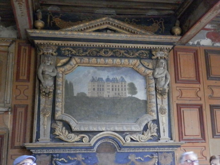 rez-de- chaussée, ancien salon dit salon doré, trumeau de la cheminée représentant le château