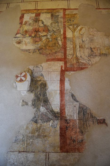 peintures monumentales (mur sud), vue partielle : Festin d’Hérode, Nativité, Baptême du Christ, saint Franciscain (?)