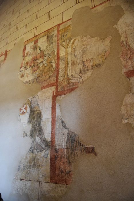 peintures monumentales (mur sud), vue partielle : Festin d’Hérode, Nativité, Baptême du Christ, saint Franciscain (?)