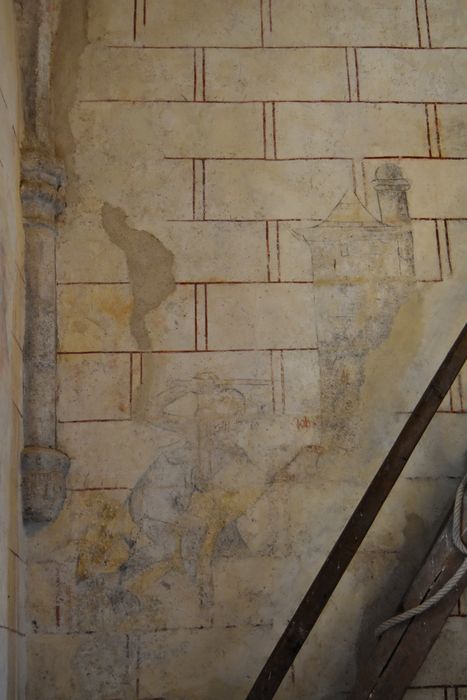 peintures monumentales (mur nord), vue partielle des faux parement et d’une scène représentant Job éprouvé par le diable