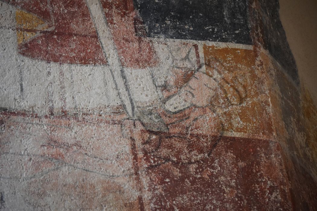 peintures monumentales (mur est, ébrasement de la fenêtre axiale), détail : Empereur Maxence terrassé par sainte Catherine (l’)