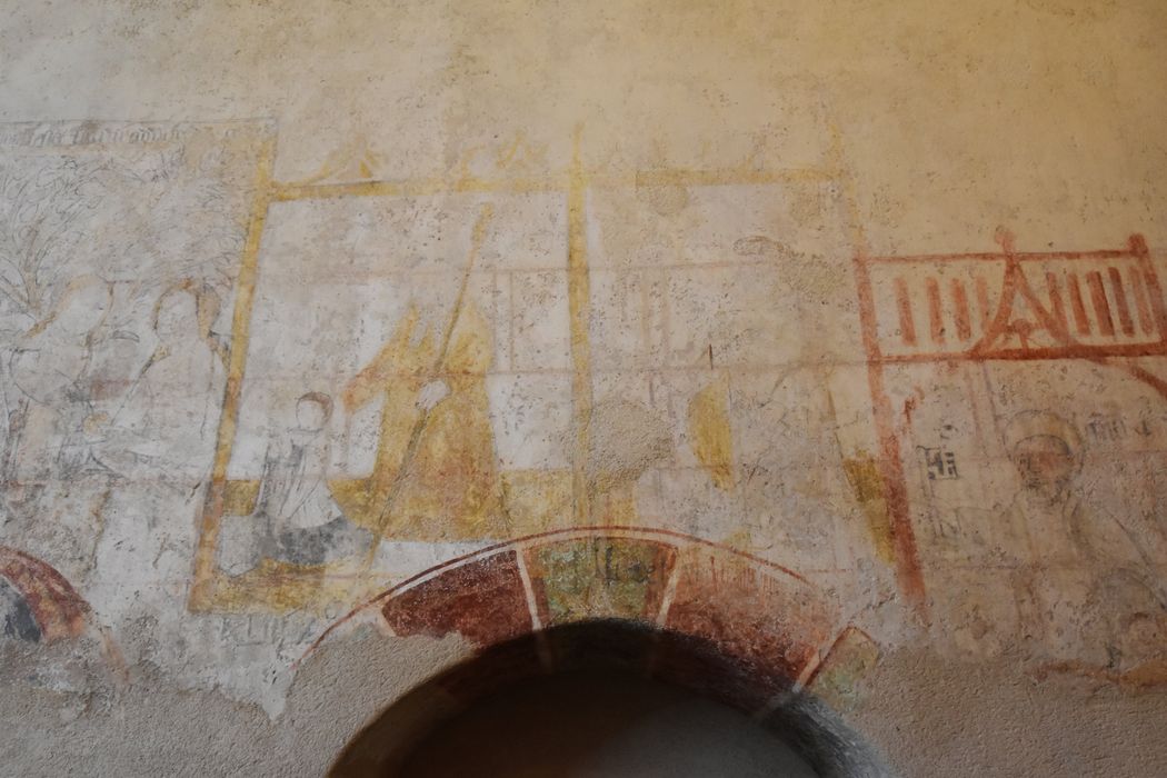 peintures monumentales (mur sud), Saint Abbé et un donateur, saint Léonard de Noblat, saint Pierre