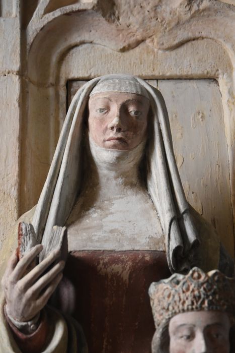 groupe sculpté : Sainte Anne, la Vierge à l’Enfant dit sainte Anne trinitaire, vue partielle