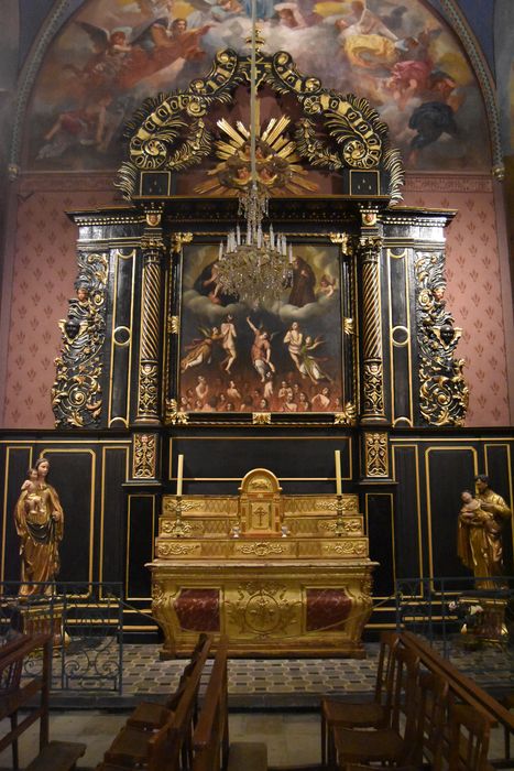 autel, retable de la chapelle des Âmes du purgatoires, tableau : Âmes du purgatoire , la Vierge à l’Enfant et saint François de Paule