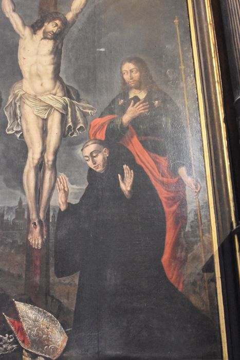 tableau : Crucifixion entre saint Sébastien, saint Jacques et un abbé, vue partielle