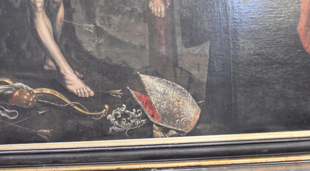 tableau : Crucifixion entre saint Sébastien, saint Jacques et un abbé, détail