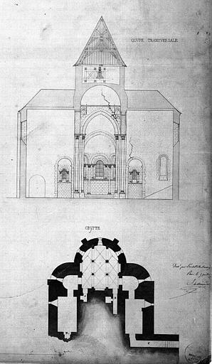 Plan de la crypte et coupe transversale sur le transept