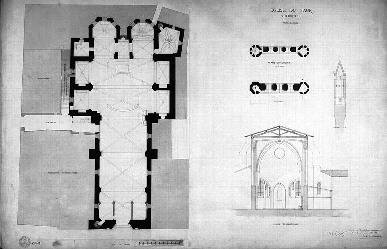 Plan général de l'église et coupe transversale, plan et coupe du clocher