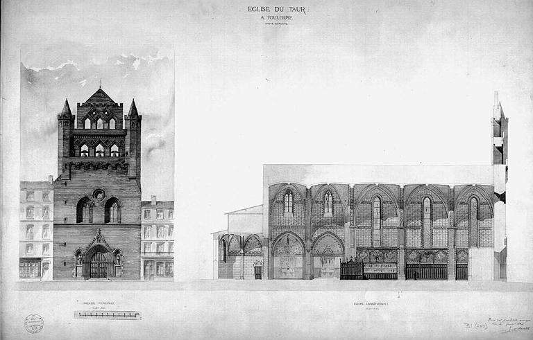 Elévation de la façade ouest et coupe longitudinale (plan aquarellé)