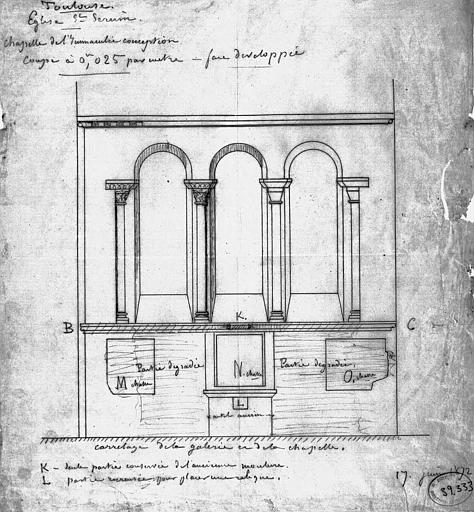 Projet d'autel de la chapelle de l'Immaculée Conception : Elévation des fenêtres comportant l'emplacement de l'autel