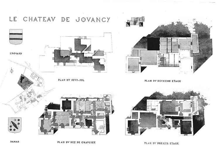 Plans du sous-sol, du rez-de-chaussée, des 1e et 2e étages et plan de situation (aquarelle)