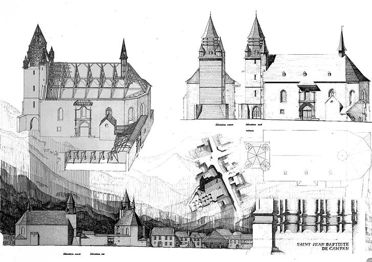 Plans, élévations, vue cavalière et détails de la base des piédroits