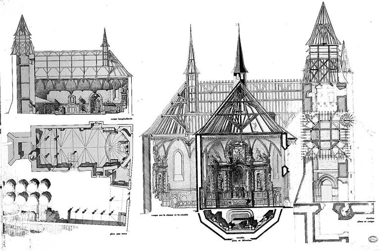 Plan au sol, coupe longitudinale sur le choeur et le retable, plan et élévation du retable, et plan et coupe du clocher