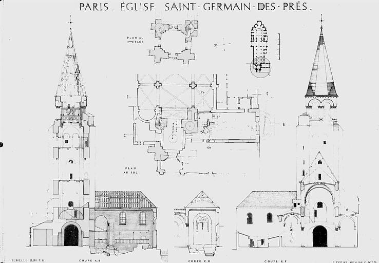 Plan au sol et coupes du massif occidental, plan du 1e étage du clocher