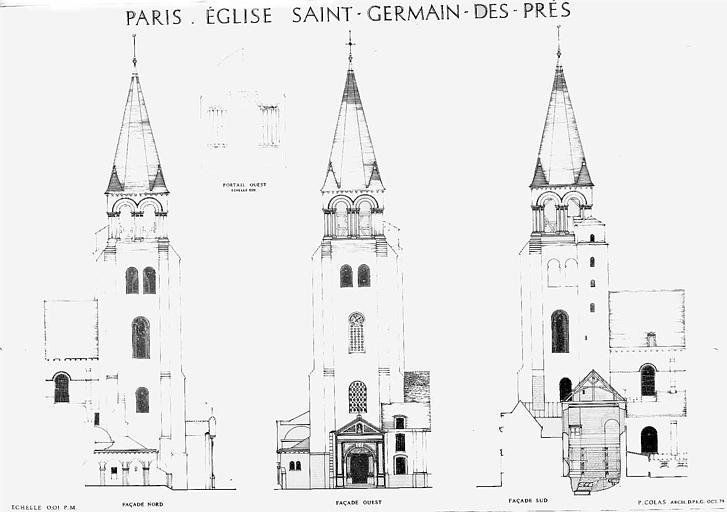 Elévations des façades du clocher (nord, ouest, sud) et du portail ouest