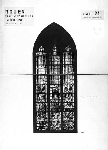 Vierge et évangélistes, baie n° 21, panneau de vitrail