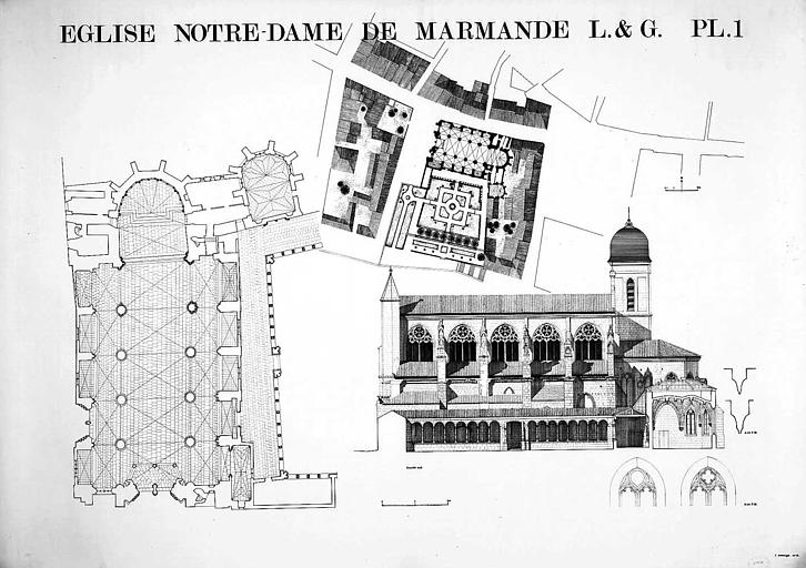 Plan de situation, plan général de l'église, élévation de la façade sud