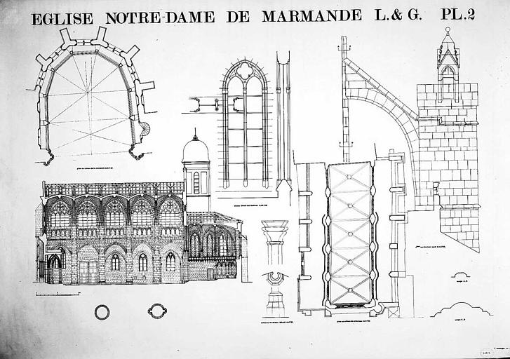 Coupe longitudinale, plan du choeur au niveau de la coursière, plan au niveau du triforium, élévation d'un arc-boutant, détail d'une colonne et d'une fenêtre du choeur