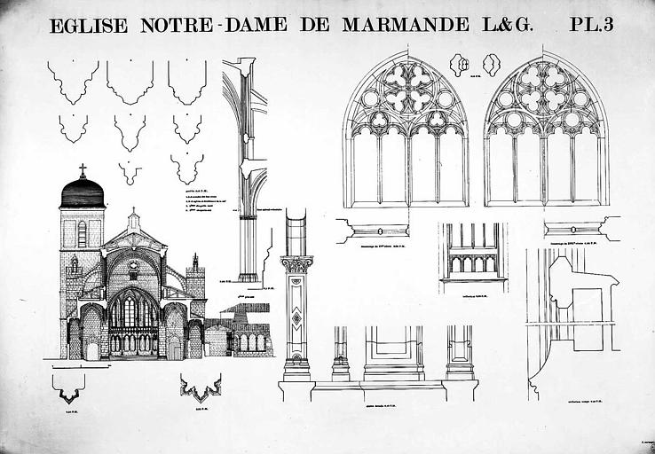 Coupe transversale et détails divers (piles, triforium, fenestrage...)