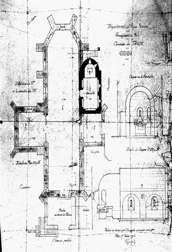 Plan général, coupes de la sacristie et de la crypte